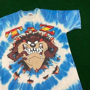 Vintage Looney Tunes Shirt Mens M Blue Tie Dye 1995 Tasmanian Devil Taz 90s USA